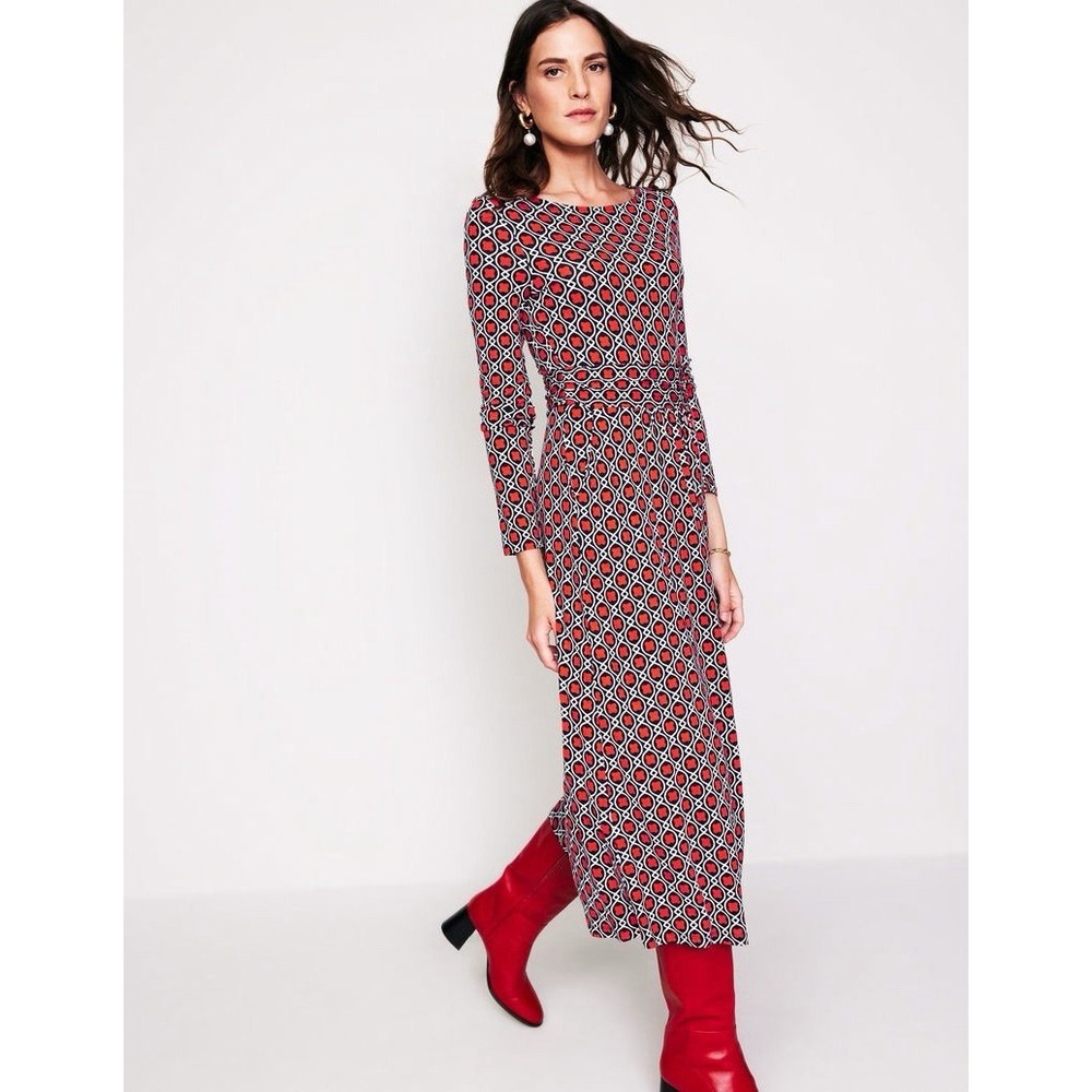 Boden Thea Long Sleeve Jersey Midi Dress Red & Blue Patterned Size 4R